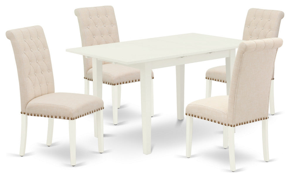 5Pc Rectangle Dinette Set, Chairs, Butterfly Leaf Dining Table, Linen White