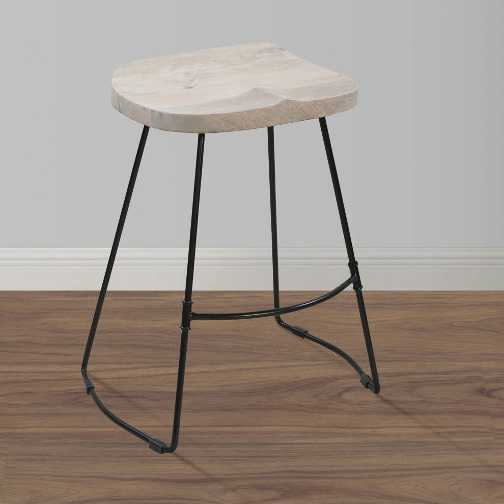 24" Backless Counter Stool Whitewashed Mango Wood Saddle Seat Black Metal