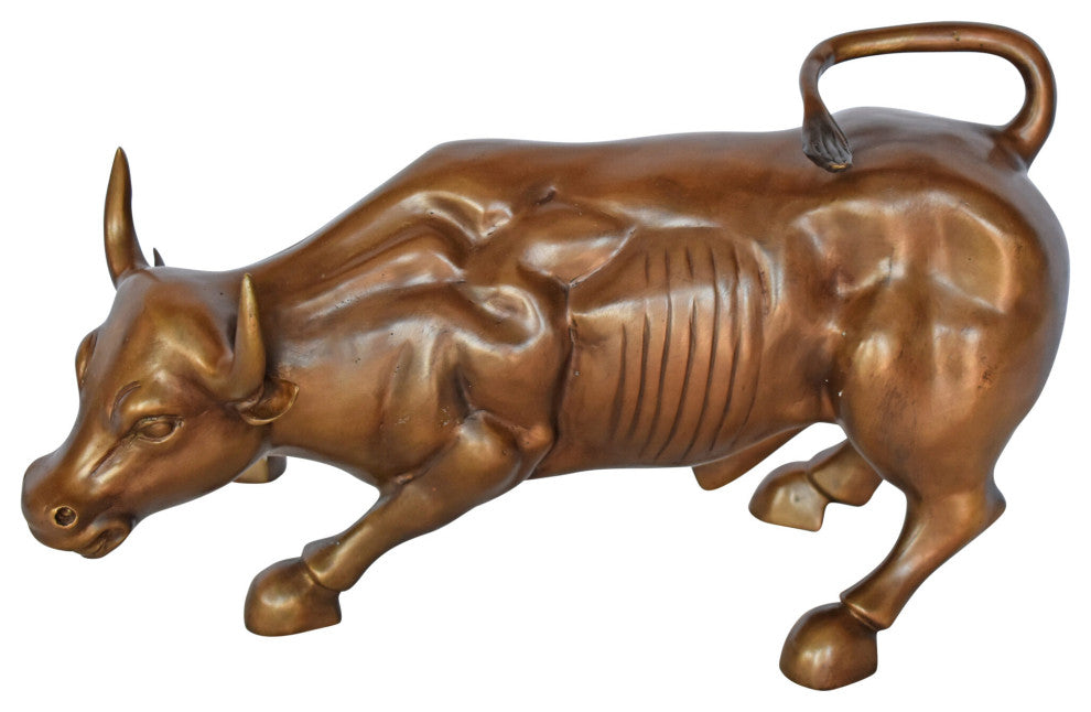 Wall Street Bull replica bronze statue - Size: 15"L x 7"W x 9"H.