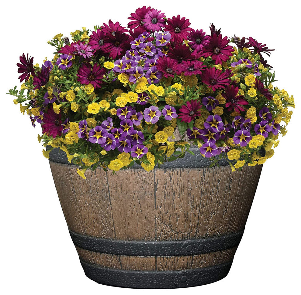 Classic Home and Garden Whiskey Resin Flower Pot Barrel Planter, Brown, 9"