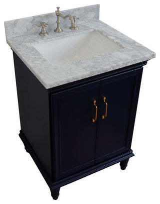 25" Single Vanity, Blue Finish With White Carrara And Rectangle Sink