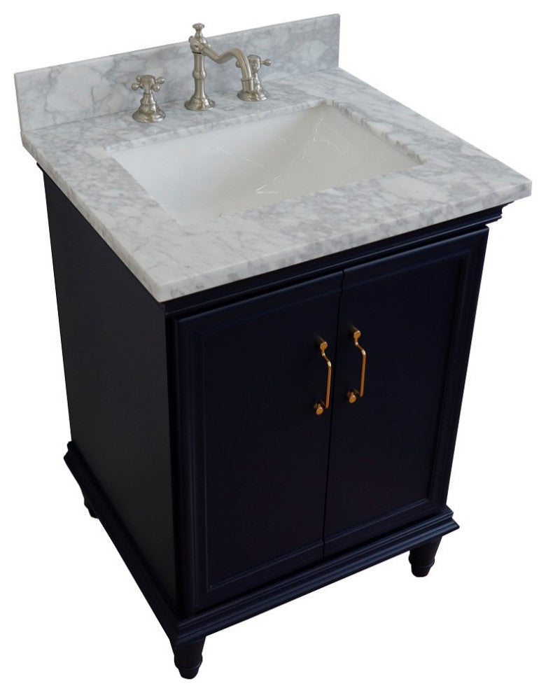 25" Single Vanity, Blue Finish With White Carrara And Rectangle Sink