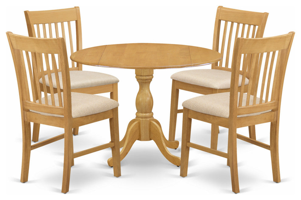 5 Pc Dining Set, Oak Table, 4 Oak Dining Room Chairs, Slatted Back, Oak Finish