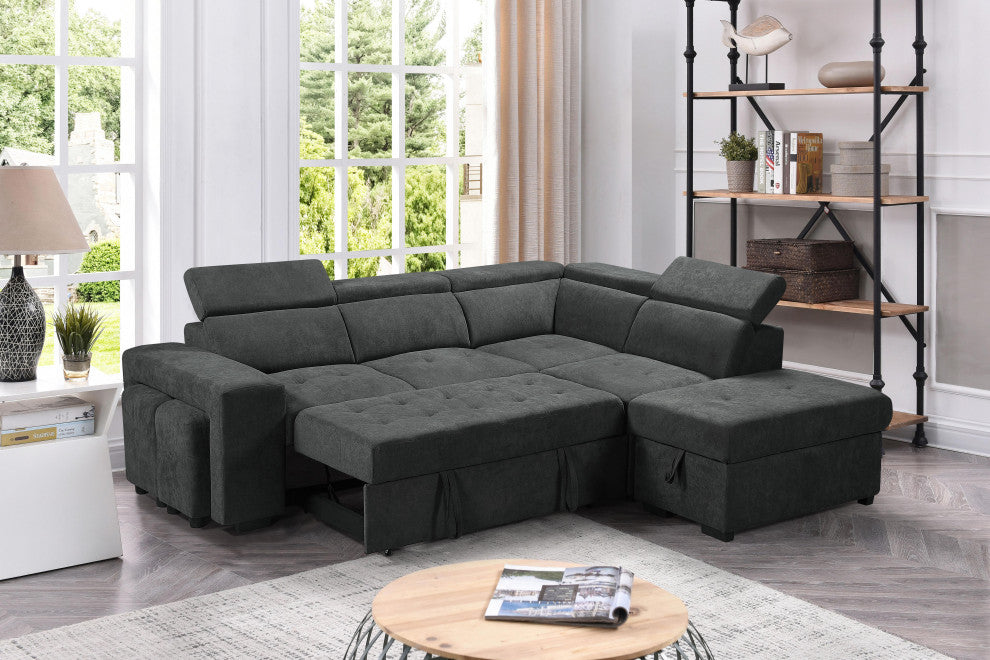 Henrik Dark Gray Sleeper Sectional Sofa With Storage Ottoman and 2 Stools