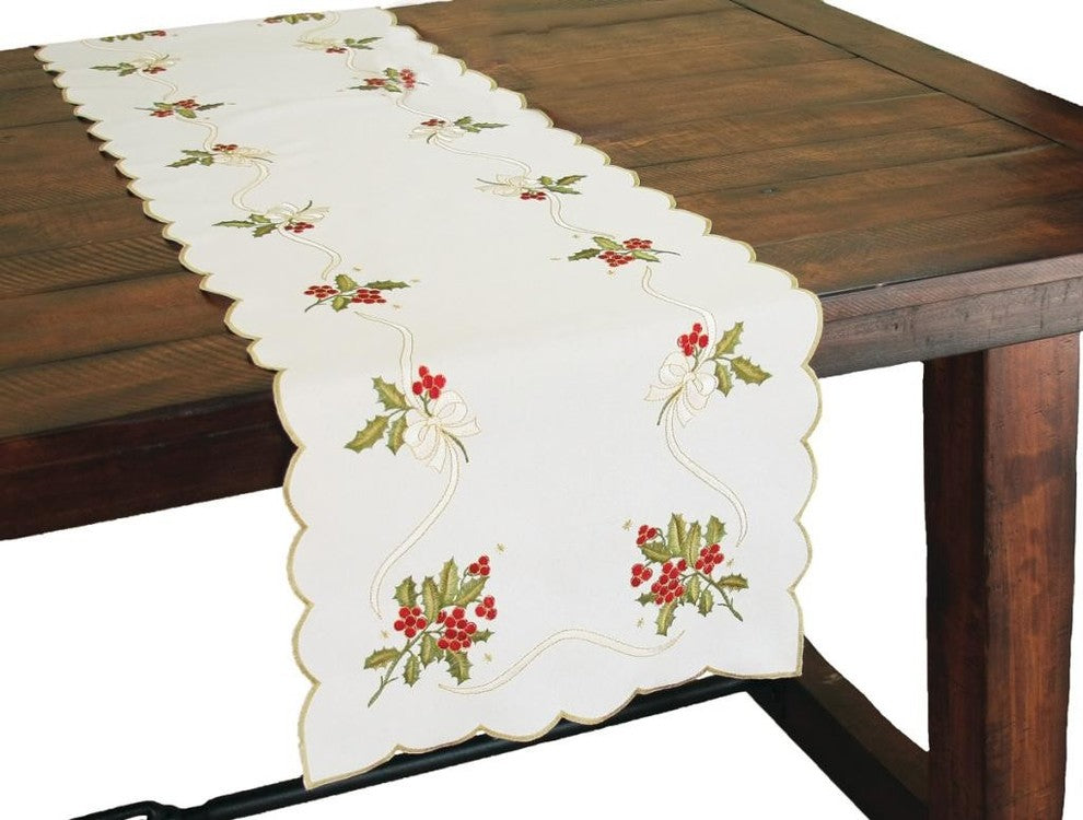Holly Berry Embroidered Collection Table Runner, 15x54