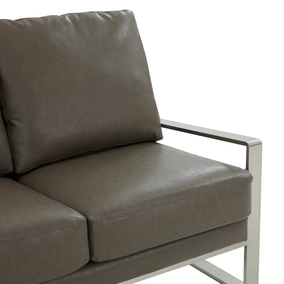 LeisureMod Jefferson Modern Faux Leather Loveseat With Silver Frame, Gray