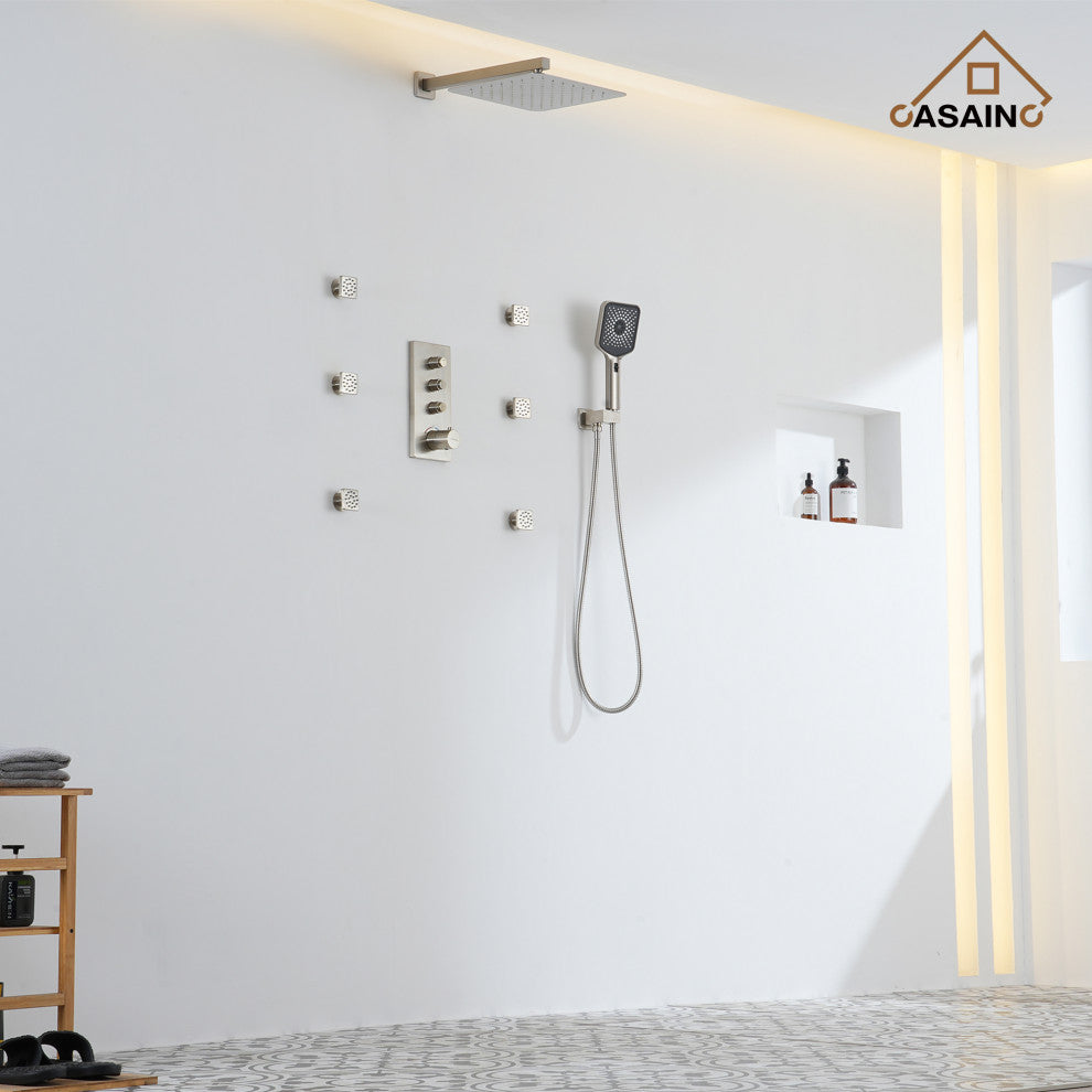 3 Functions 12 Inch Wall Mount Thermostatic Shower System, Brushed Nickel
