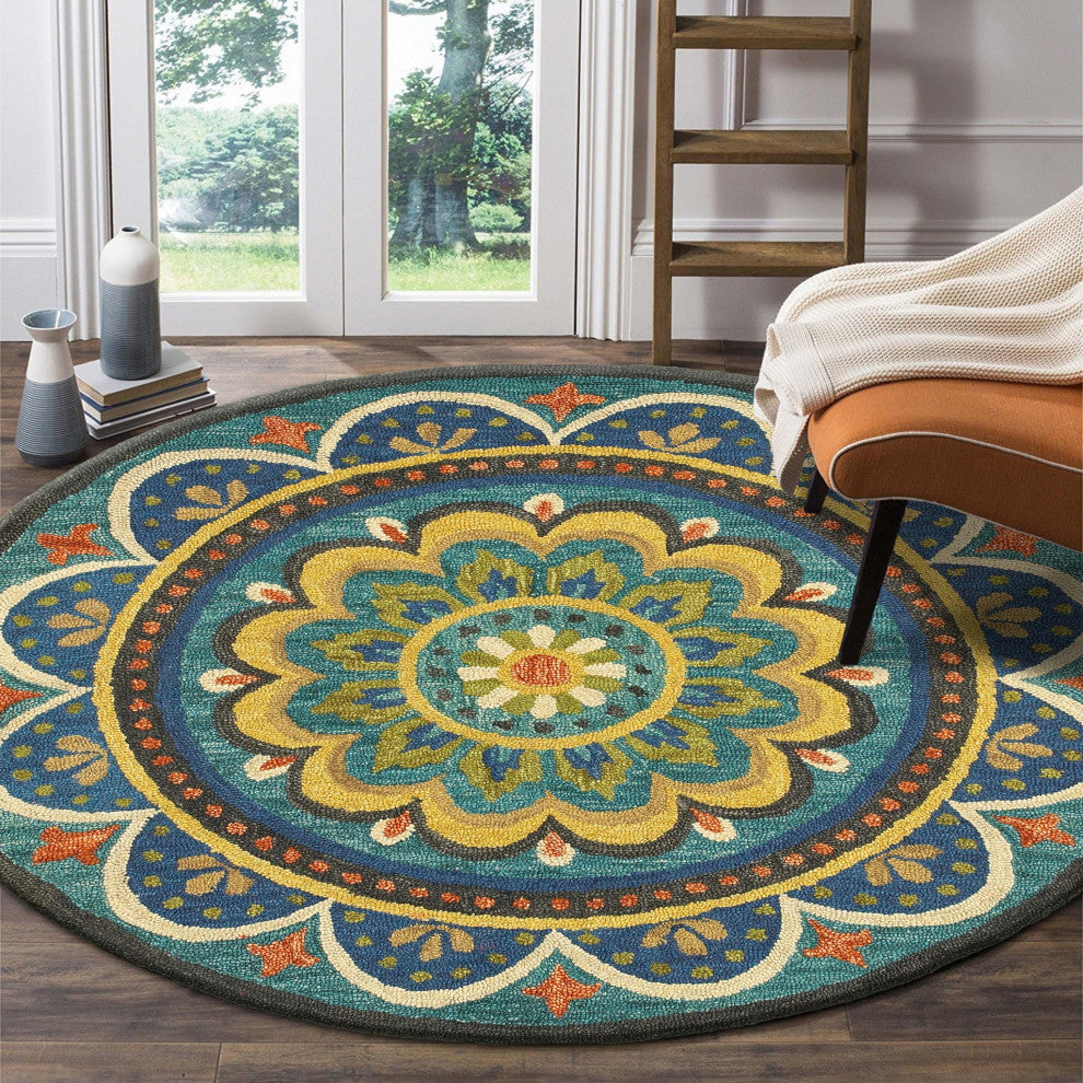 4' Round Blue Floral Mandala Area Rug
