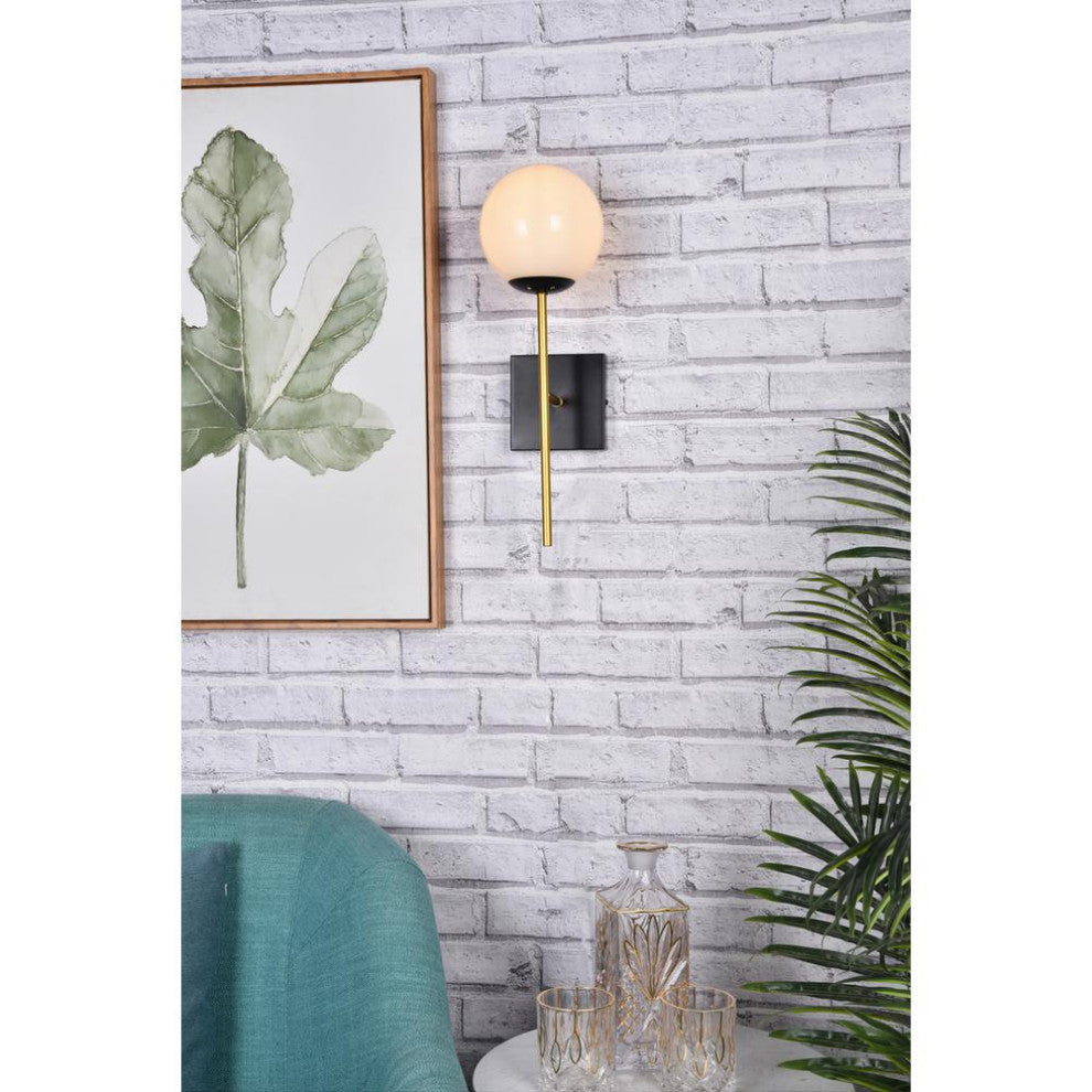 Neri 1 light black and brass and white glass wall sconce