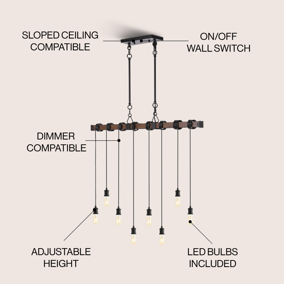 40" 8-Light Driftwood Iron LED Linear Chandelier With Height Adjustable Bulbs