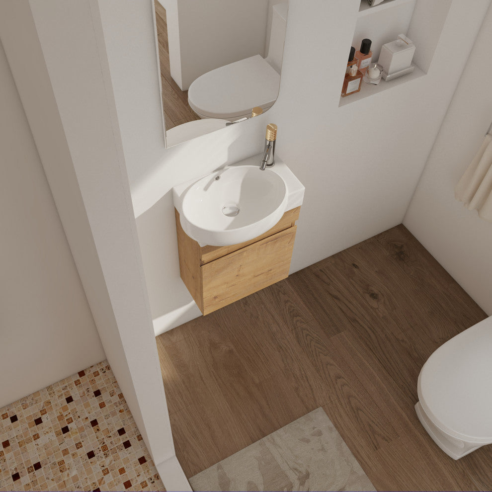 Small Wall-Mounted Plywood Bath Vanity, Imitative Oak, Ceramic Sink