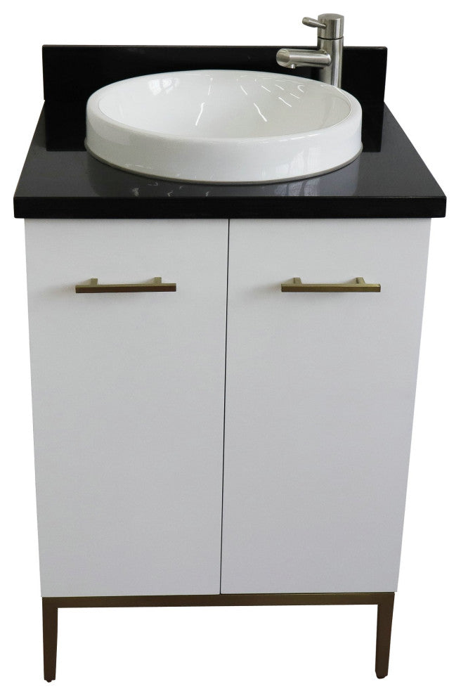 25" Single Sink Vanity, White Finish With Black Galaxy Granite And Round Sink