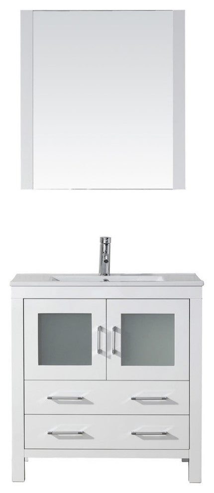 Virtu Dior 32" Single Bathroom Vanity, White, Polished Chrome Faucet, Mirror