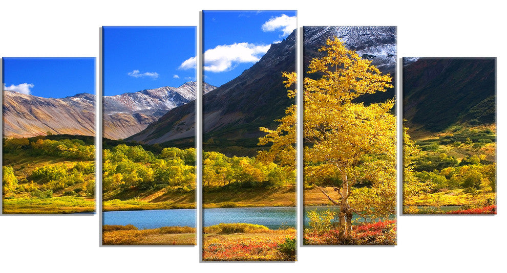 Beautiful Kamchatka Mountains, Landscape Canvas Wall Art, 60"x32", 5 Panels