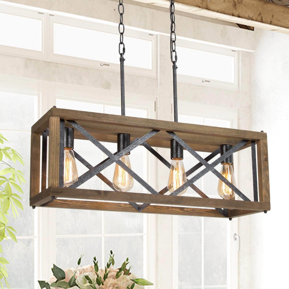 LNC 4-Lights Farmhouse Antique Black and Natural Wood Grain Linear Chandelier