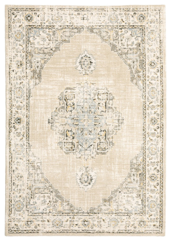 4'X6' Beige And Ivory Center Jewel Area Rug