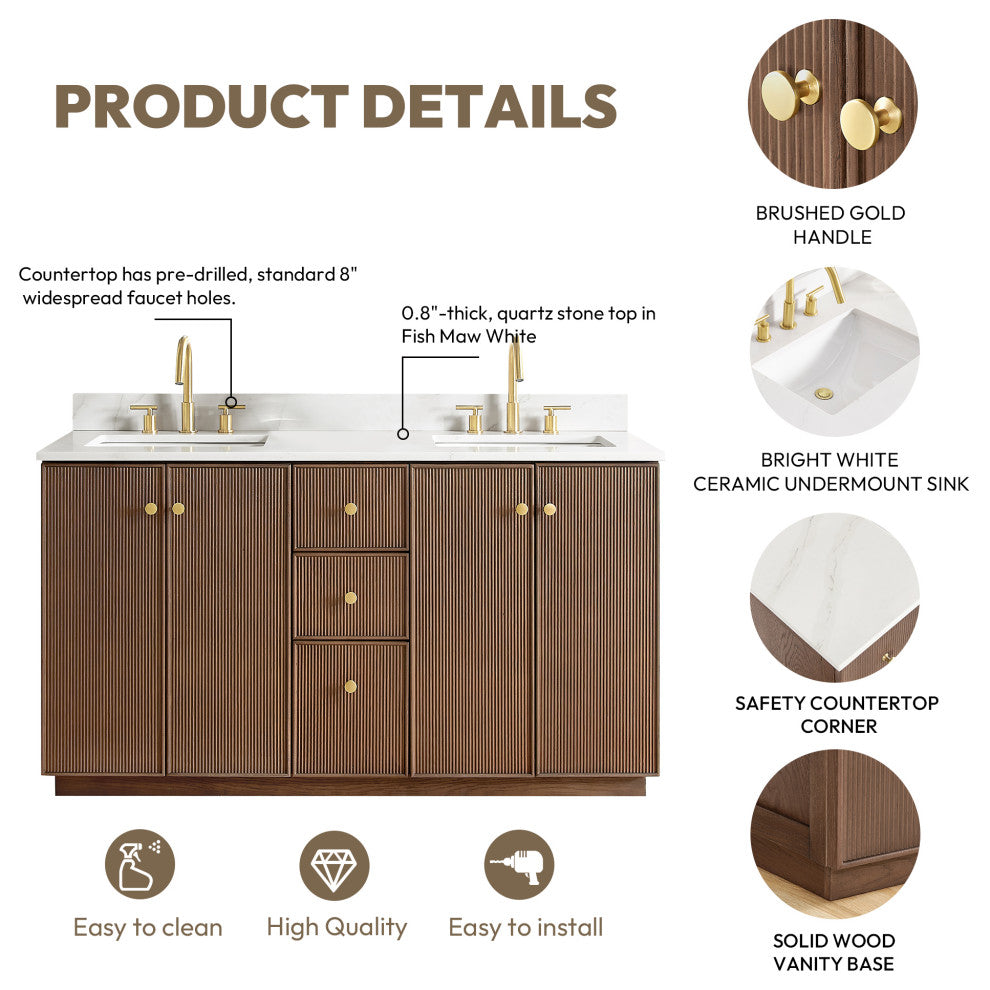 Oza Bath Vanity with Quartz Stone Top, Aged Dark Brown Oak, 60", Double Vanity, No Mirror