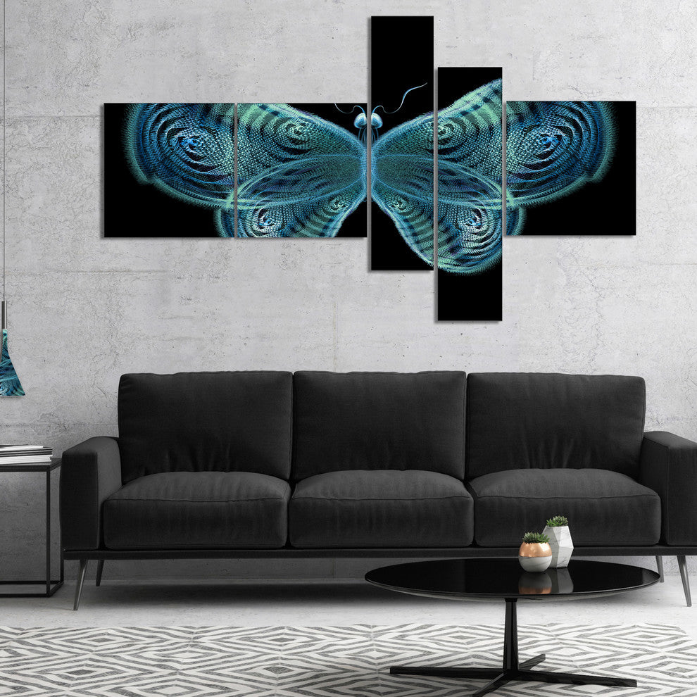 Light Blue Fractal Butterfly in Dark, Abstract Canvas Print, 60"x32", 5 panels