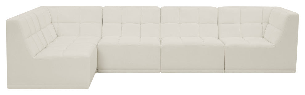 Relax Velvet Upholstered 5-Piece L-Shaped Modular Sectional, Cream