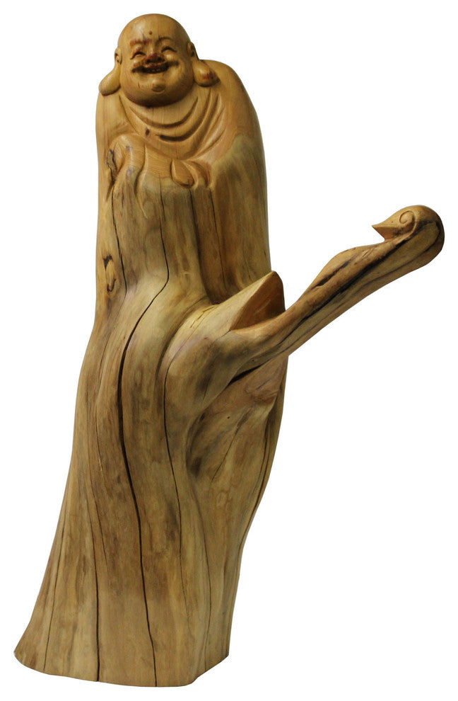 Chinese Cypress Wood Carved Standing Happy Buddha Statue