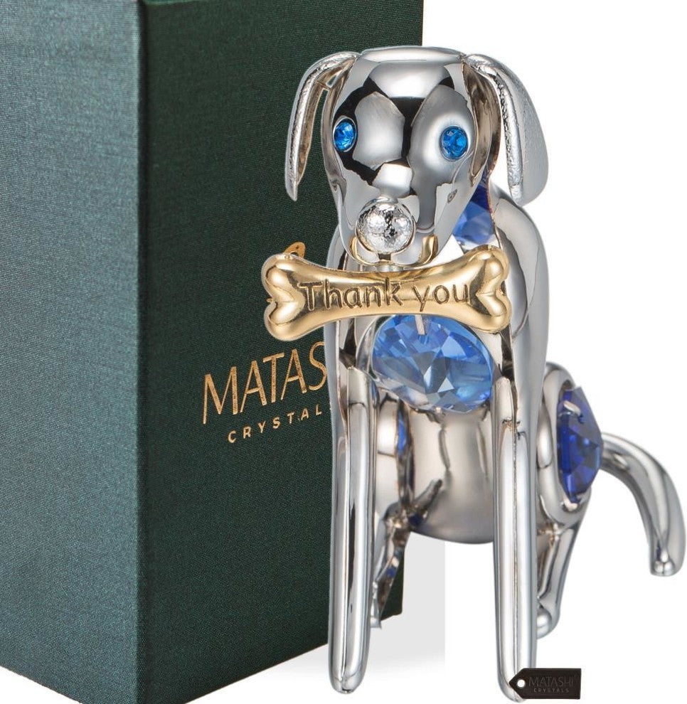 Chrome Plated Silver Dog and Bone With Blue Crystals
