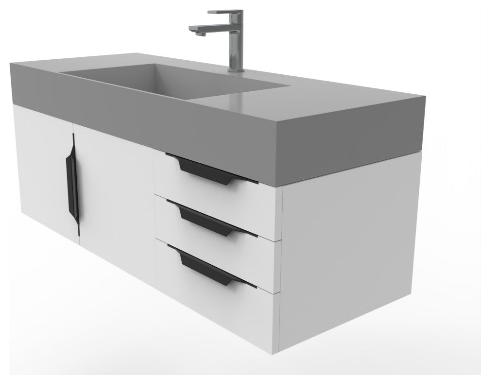 CastelloUSA Amazon 48" Wall Mounted Vanity Set, White, Gray Top, Black Handles