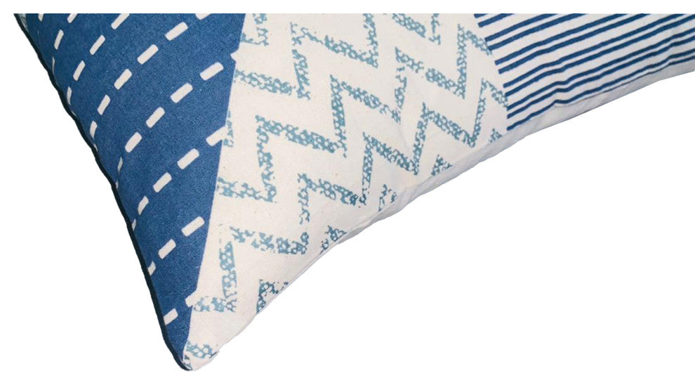 Benzara UPT-268970 Accent Pillow, Geometric Pattern, Cotton Cover, Blue/White