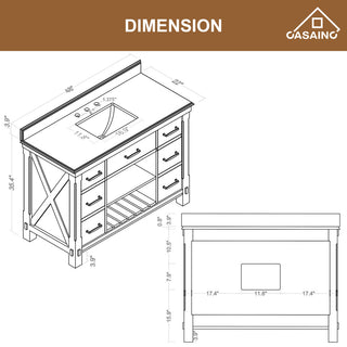 Freestanding Bath Vanity in Brown with White Carrara Marble Top, 48in