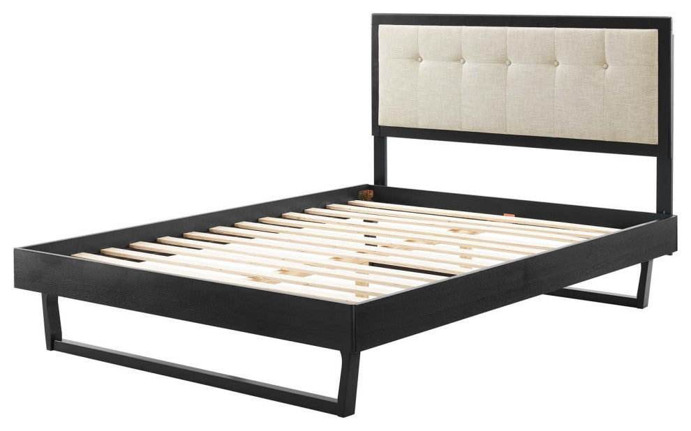 Platform Bed Frame, Queen Size, Fabric, Wood, Black Beige, Modern Mid-Century