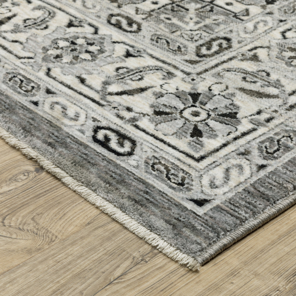 Callum Compass Medallion Grey/Ivory Fringe Edge Rug 3'3" x 5'