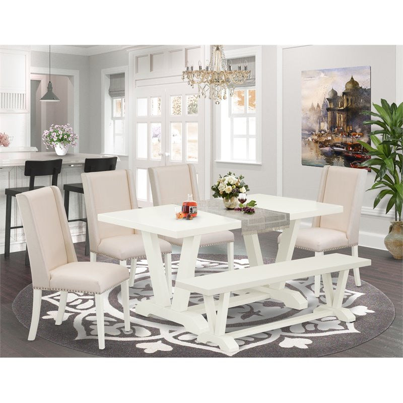 6-Piece Dinette Set, Cream, Seat Chair Chairs, Bench and Top Table, Linen White