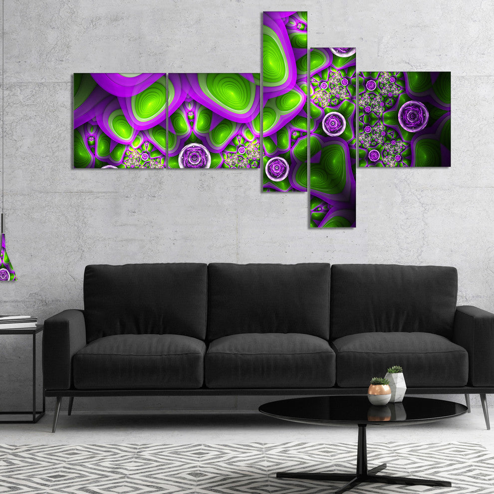 Green Purple Exotic Pattern, Abstract Wall Art Canvas, 60"x32", 5 panels