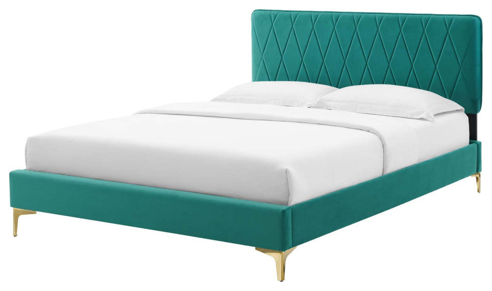 Platform Bed Frame, Queen Size, Velvet, Teal Blue, Modern Contemporary, Bedroom