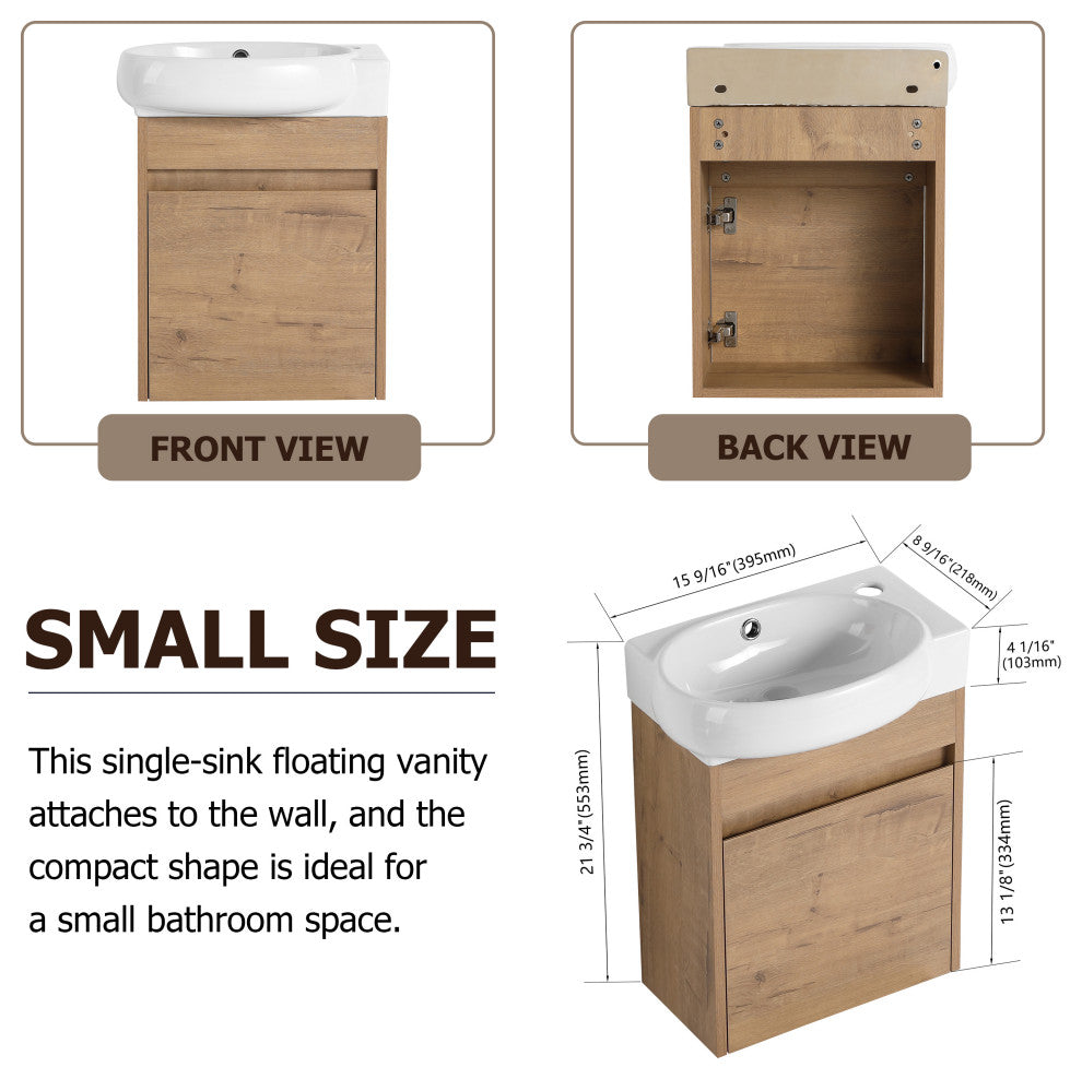Small Wall-Mounted Plywood Bath Vanity, Imitative Oak, Ceramic Sink