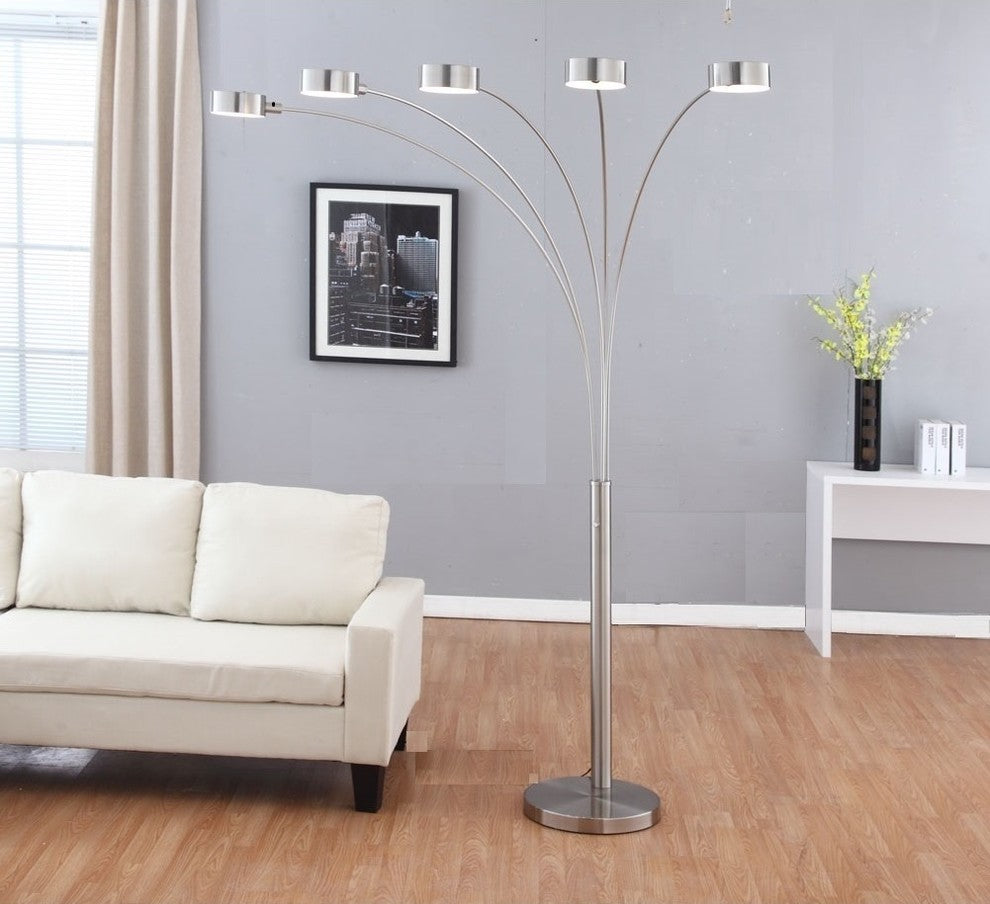 Micah LED Arched Floor Lamp With Dimmer, Brushed Steel