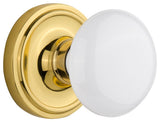 Classic Rosette Passage White Porcelain Knob, Polished Brass