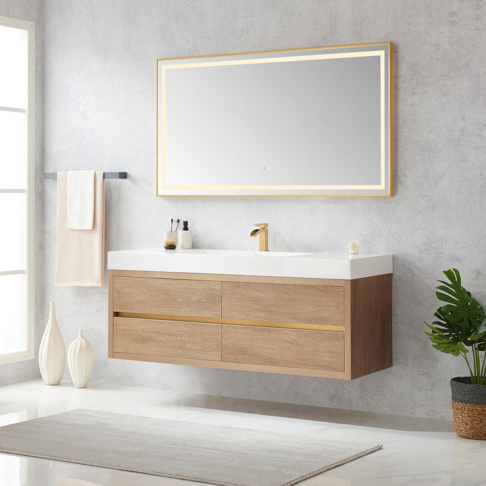Palencia Floating Bath Vanity With Composite Stone Top, North American Oak, 60" Single Sink, With Mirror