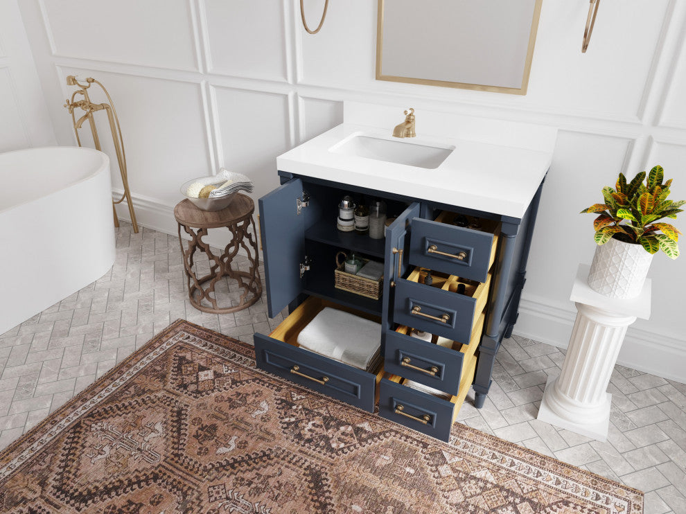Aberdeen 36 Left Offset Bath Vanity in Hale Navy Blue  2" White Quartz