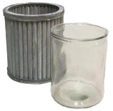 Grey Washed Tall Round Wood  W/ Glass Vase