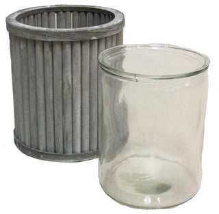 Grey Washed Tall Round Wood  W/ Glass Vase