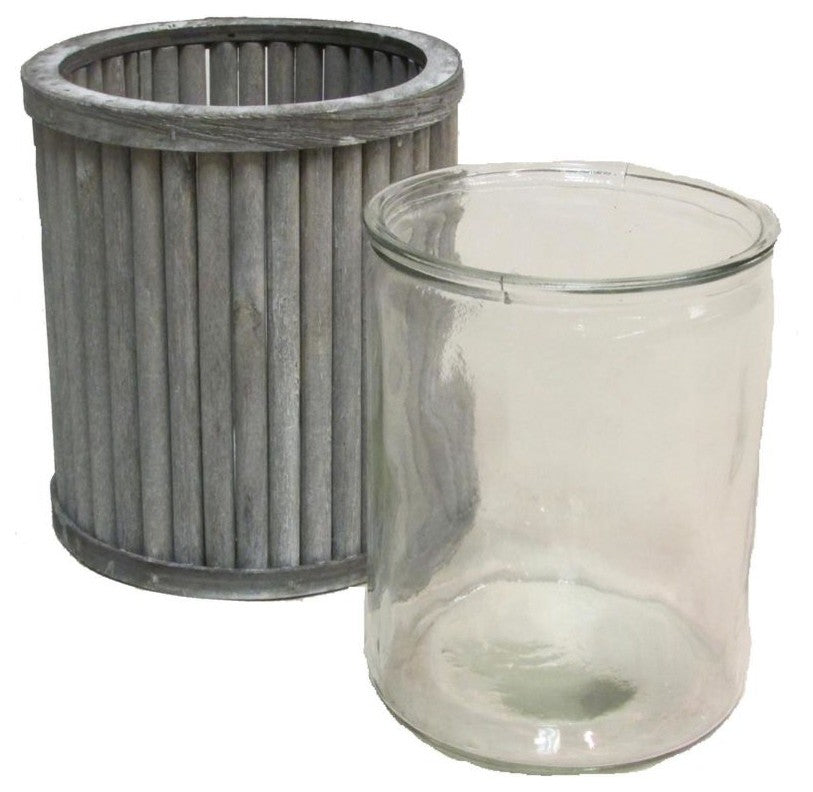 Grey Washed Tall Round Wood  W/ Glass Vase