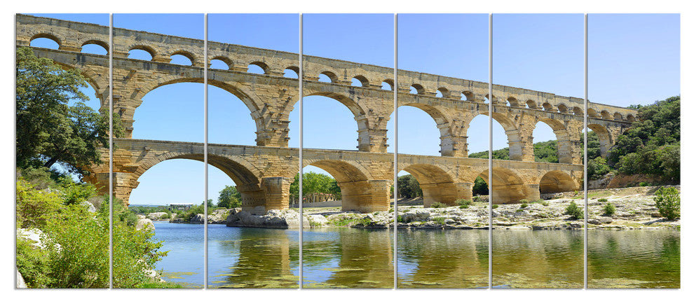 Roman Aqueduct Bridge in France, Bridge Canvas Wall Art, 83"x32", 7 Panels