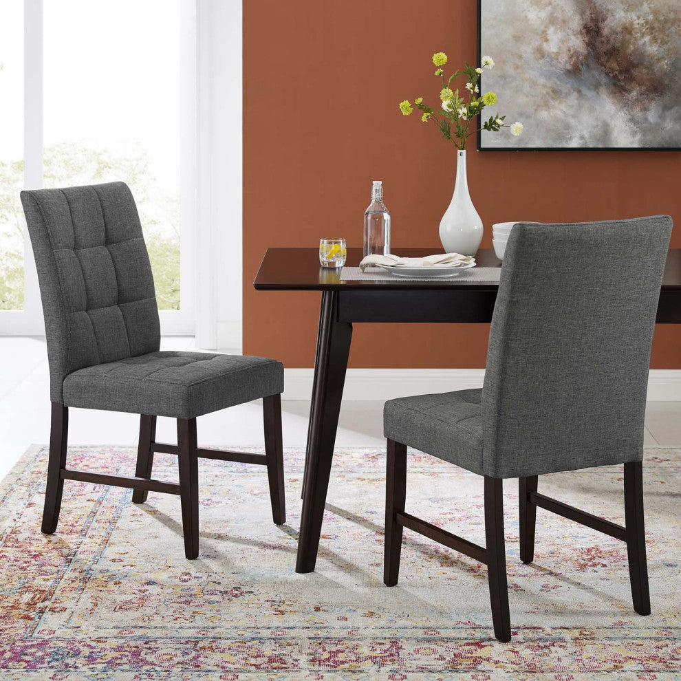 Tufted Side Dining Chair, Set of 2, Fabric, Wood, Gray, Modern, Cafe Bistro