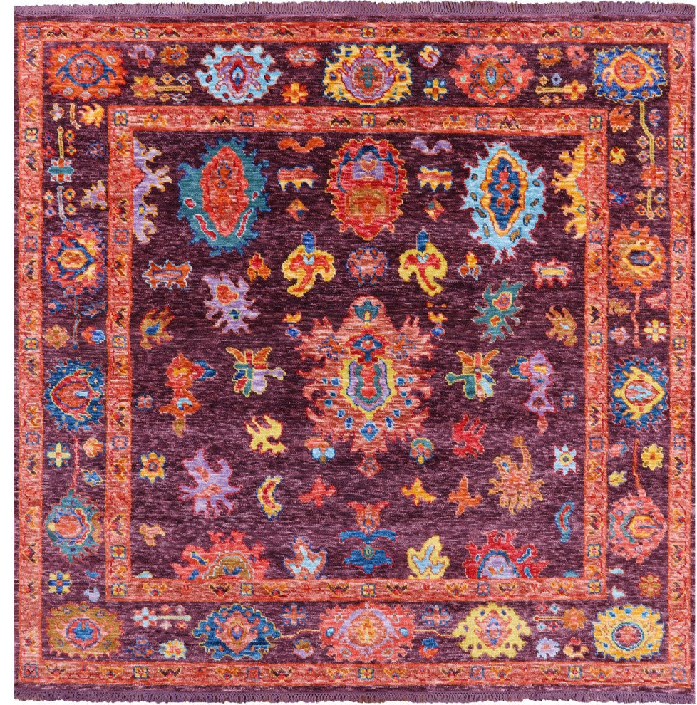 8' Square Hand-Knotted Turkish Oushak Wool Rug - Q14849