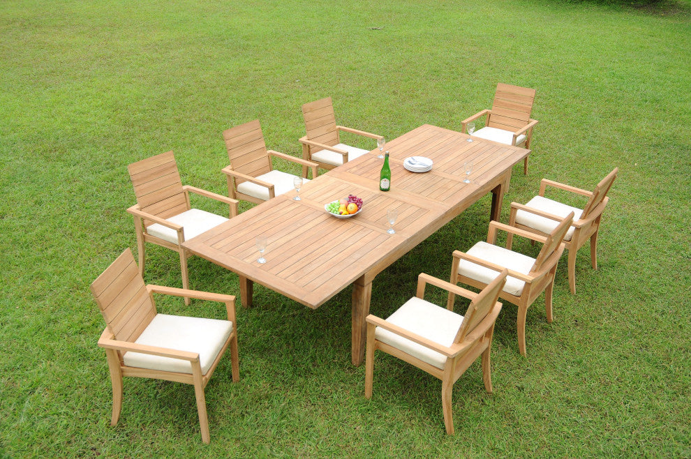 9-Piece Outdoor Teak Dining Set: 122" Rectangle Table 8 Alps Stacking Arm Chairs
