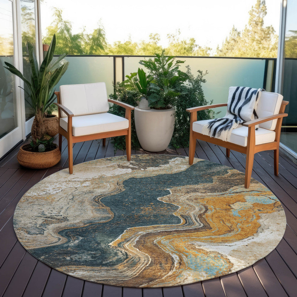 Machine Washable Indoor/Outdoor Chantille ACN1907 Wheat 8' x 8' Round Rug