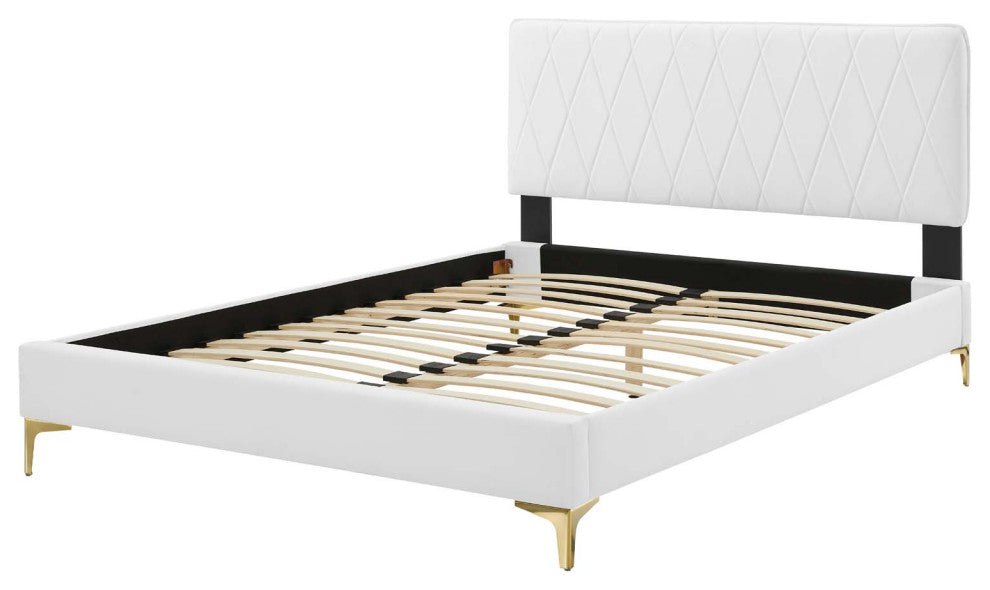 Platform Bed Frame, Queen Size, Velvet, White, Modern Contemporary, Bedroom