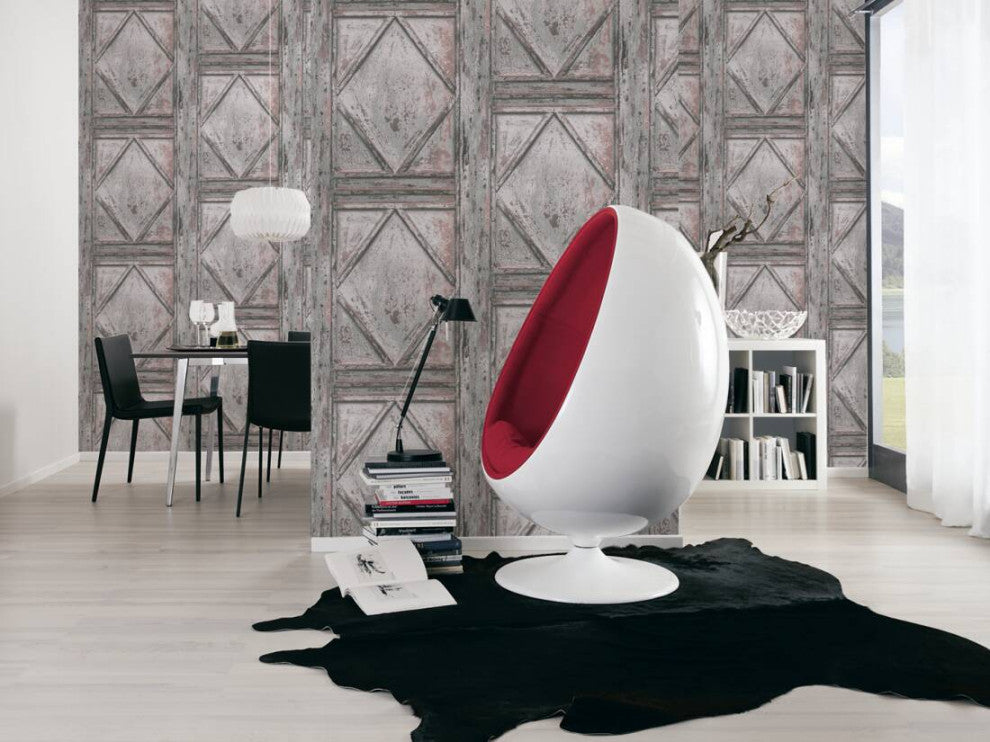 Loft Vintage Textured Wallpaper Featuring Boxes Wood, Gray Brown, One Roll