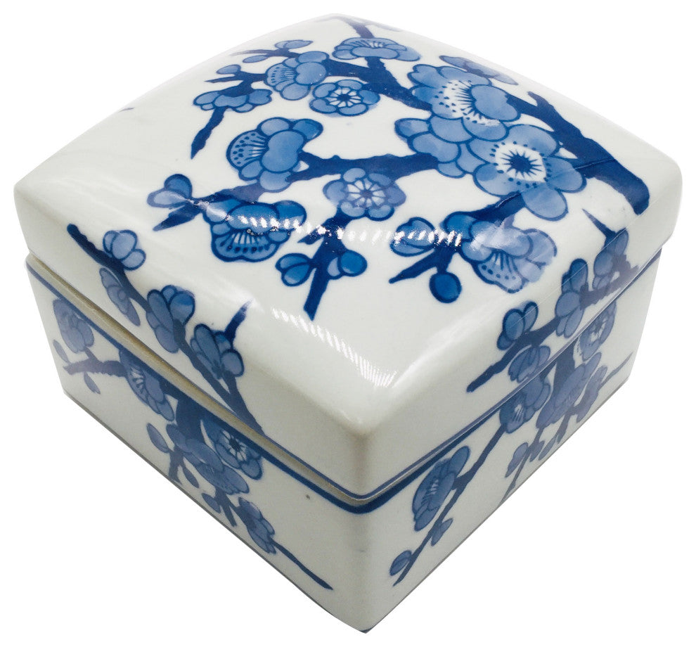Blue & White Chinoiserie Square Ceramic Box - Cherry Blossom