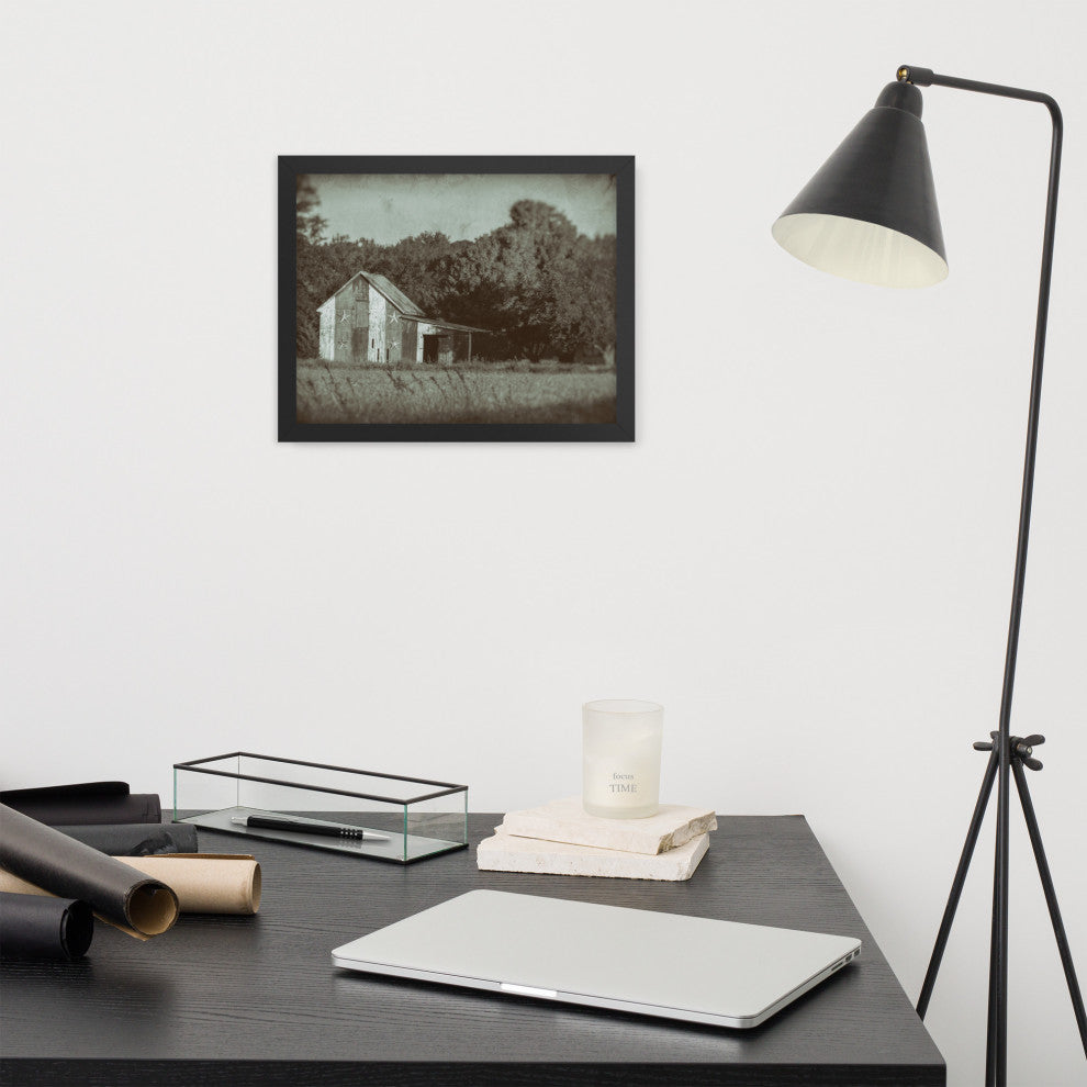 Patriotic Barn in Field Vintage Black and White Framed Photo Wall Art Print, Black, 11" X 14"